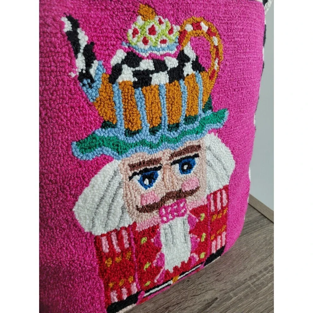 Mackenzie Childs Teapot Nutcracker Pillow Bright Checkered 20 inch Whimsy